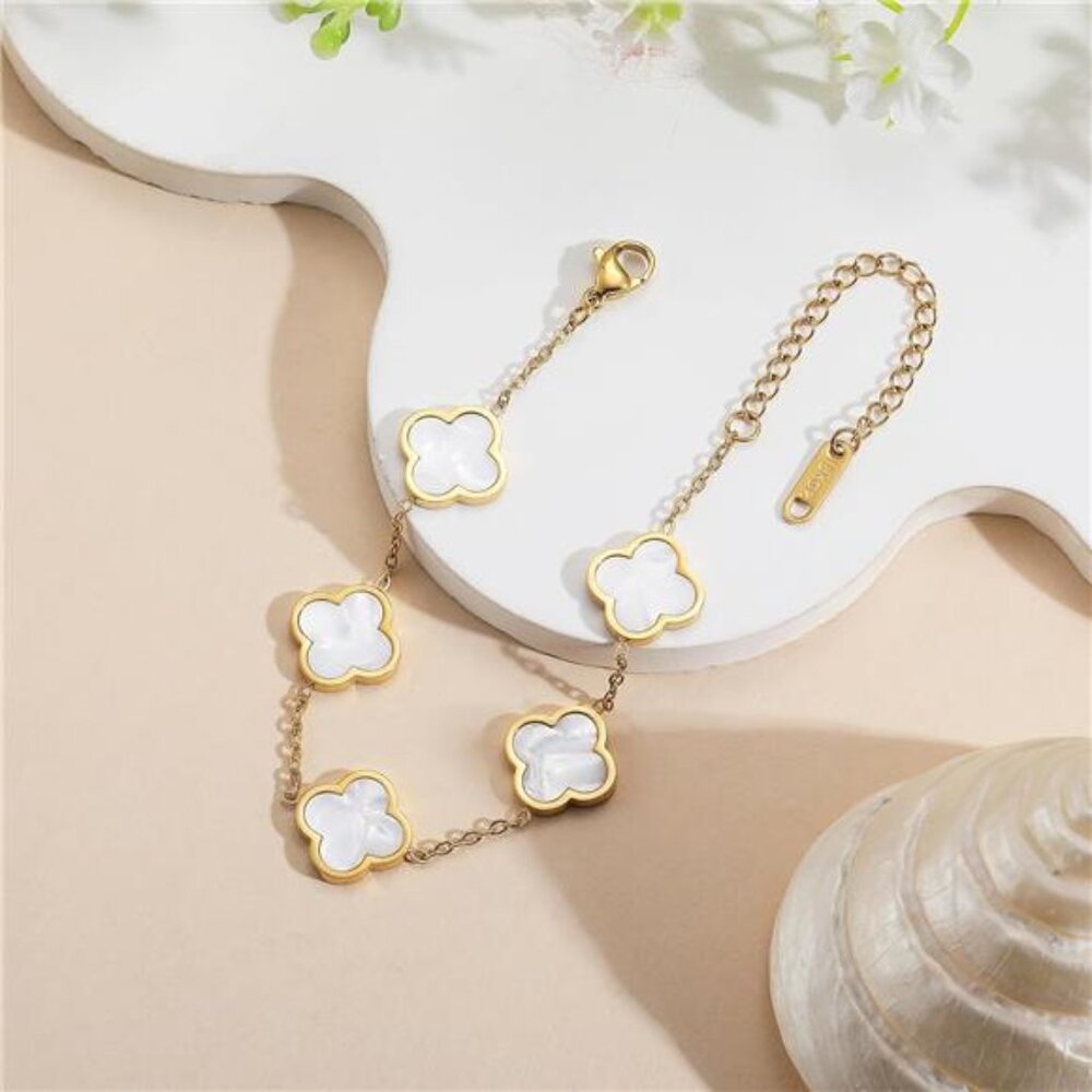 18K Gold Plated Clover Lucky Bracelet for Women White Flower - Picture 5 of 6